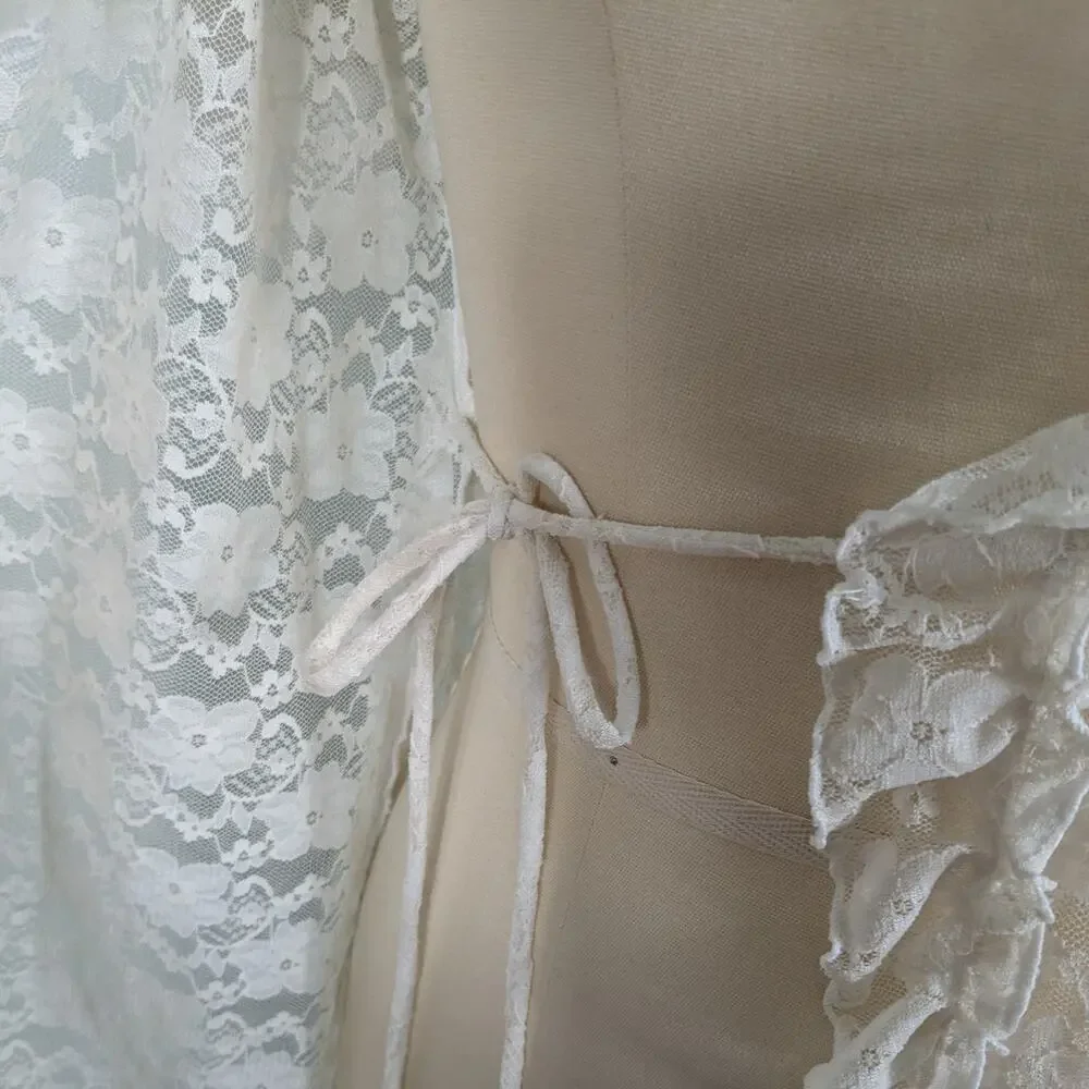 Lace Ruffle Robe Top M Cream Ivory Wrap Boho Fairy Hippie Y2K Floral Short